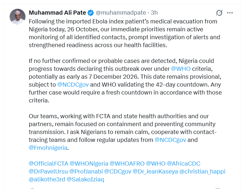 Minister of Health Ali Pate announces when Nigeria will declare itself Ebola free